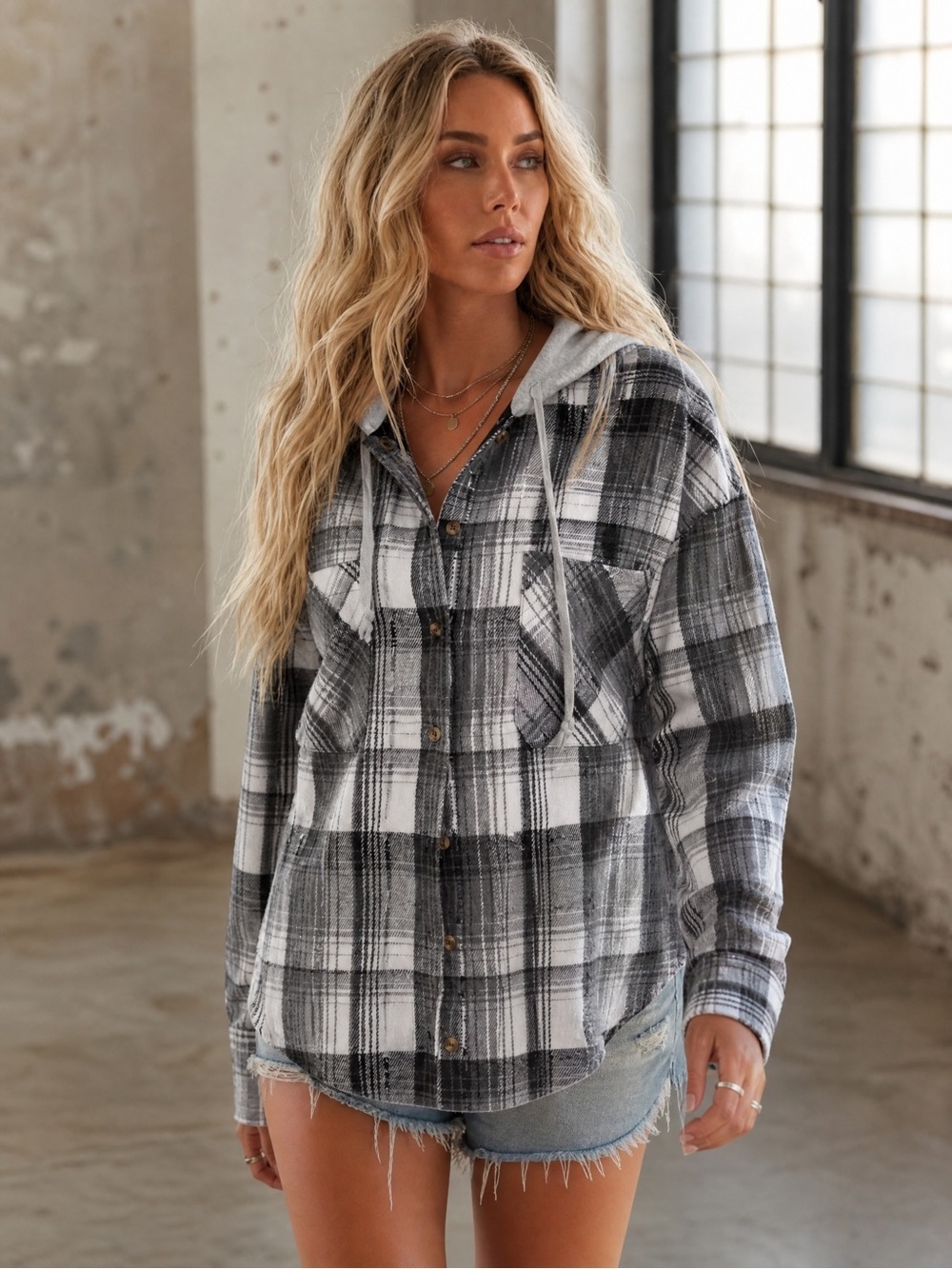 NWT Very J Distressed Button Down 90’s Grunge Flannel Hoodie Plaid Hooded Jacket - Picture 2 of 8